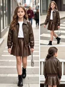 Elladie kids Girls Big Coffee Color Zipper Lapel Ribbed Cuff Streetwear Cool Versatile Motorcycle PU Leather Loose Jacket Back To School Fall Winter Outfit - Coffee Brown - View 4