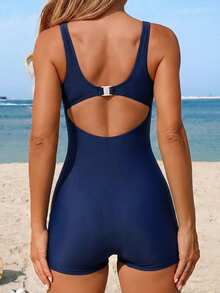 SHEIN Swim 女款一件式花卉線條修身露背比基尼泳褲 運動衝浪 深藍色 熱帶風 - 水鴨藍 - 查看 2