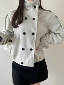 FRIFUL Women's Solid Color Raglan Long Sleeve Double-Breasted Casual Overcoat Fall - Beige - View 5