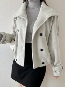 FRIFUL Women's Solid Color Raglan Long Sleeve Double-Breasted Casual Overcoat Fall - Beige - View 4