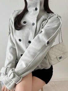 FRIFUL Women's Solid Color Raglan Long Sleeve Double-Breasted Casual Overcoat Fall - Beige - View 7