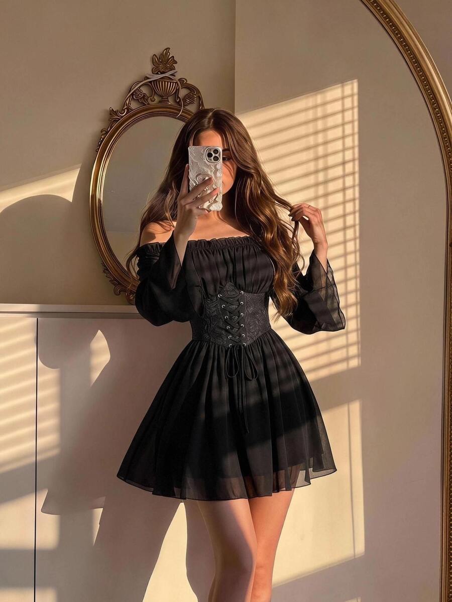 SHEIN MOD Black Off-Shoulder Bell Sleeve Vintage Dress, Jacquard Textured Ruched Waist - Black - View 1