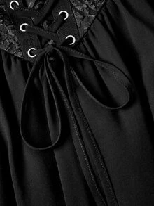 SHEIN MOD Black Off-Shoulder Bell Sleeve Vintage Dress, Jacquard Textured Ruched Waist - Black - View 7