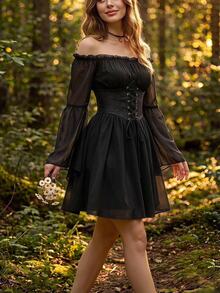 SHEIN MOD Black Off-Shoulder Bell Sleeve Vintage Dress, Jacquard Textured Ruched Waist - Black - View 2