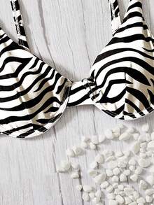 SHEIN Swim Summer Beach Zebra Stripe Underwire Bikini Top - Black and White - View 4