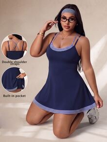 Rhythm Era Gaun Tenis Olahraga Wanita Ukuran Besar Musim Semi/Panas, Biru Tua Pas Badan 2 in 1 dengan Lapisan Dalam Bermotif Garis-garis, Tali Bahu Ganda, Rok A-Line, untuk Olahraga di Gym - Navy Blue - View 1