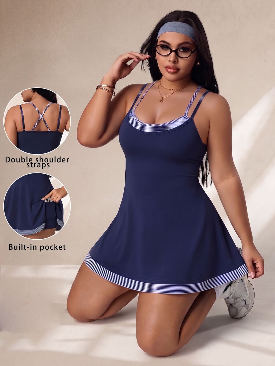 Rhythm Era Gaun Tenis Olahraga Wanita Ukuran Besar Musim Semi/Panas, Biru Tua Pas Badan 2 in 1 dengan Lapisan Dalam Bermotif Garis-garis, Tali Bahu Ganda, Rok A-Line, untuk Olahraga di Gym - Navy Blue - View 1