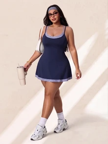 Rhythm Era Gaun Tenis Olahraga Wanita Ukuran Besar Musim Semi/Panas, Biru Tua Pas Badan 2 in 1 dengan Lapisan Dalam Bermotif Garis-garis, Tali Bahu Ganda, Rok A-Line, untuk Olahraga di Gym - Navy Blue - View 4