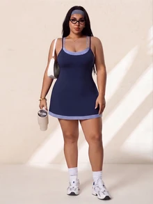 Rhythm Era Gaun Tenis Olahraga Wanita Ukuran Besar Musim Semi/Panas, Biru Tua Pas Badan 2 in 1 dengan Lapisan Dalam Bermotif Garis-garis, Tali Bahu Ganda, Rok A-Line, untuk Olahraga di Gym - Navy Blue - View 5