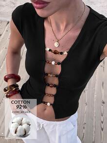 Opulessa Casual Vacation Solid Color Knit Women's T-Shirt - Black - View 1