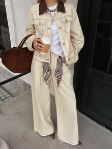 DAZY Women's Fashion Button Long Sleeve Jacket And Pocket Long Pants Denim Set Fall - Apricot - View 3