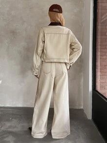 DAZY Women's Fashion Button Long Sleeve Jacket And Pocket Long Pants Denim Set Fall - Apricot - View 2