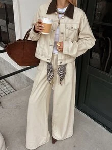 DAZY Women's Fashion Button Long Sleeve Jacket And Pocket Long Pants Denim Set Fall - Apricot - View 6