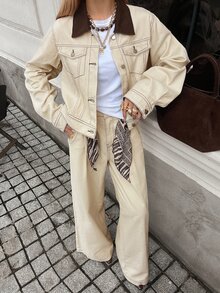 DAZY Women's Fashion Button Long Sleeve Jacket And Pocket Long Pants Denim Set Fall - Apricot - View 4