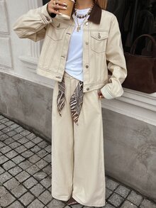 DAZY Women's Fashion Button Long Sleeve Jacket And Pocket Long Pants Denim Set Fall - Apricot - View 8
