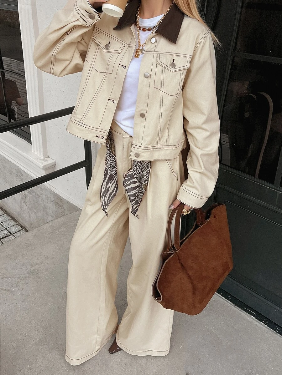 DAZY Women's Fashion Button Long Sleeve Jacket And Pocket Long Pants Denim Set Fall - Apricot - View 1