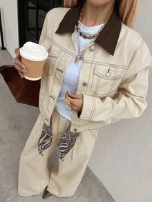 DAZY Women's Fashion Button Long Sleeve Jacket And Pocket Long Pants Denim Set Fall - Apricot - View 5