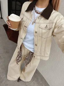 DAZY Women's Fashion Button Long Sleeve Jacket And Pocket Long Pants Denim Set Fall - Apricot - View 7