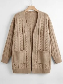 GlowEve CURVE Autumn/Winter Plus Size Loose Ribbed Long Sleeve Cardigan Solid Color Cable Knit Pocket Casual Cardigan - Khaki - View 6