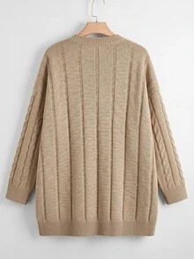 GlowEve CURVE Autumn/Winter Plus Size Loose Ribbed Long Sleeve Cardigan Solid Color Cable Knit Pocket Casual Cardigan - Khaki - View 2