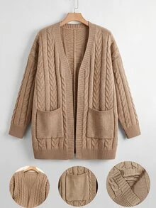 GlowEve CURVE Autumn/Winter Plus Size Loose Ribbed Long Sleeve Cardigan Solid Color Cable Knit Pocket Casual Cardigan - Khaki - View 1