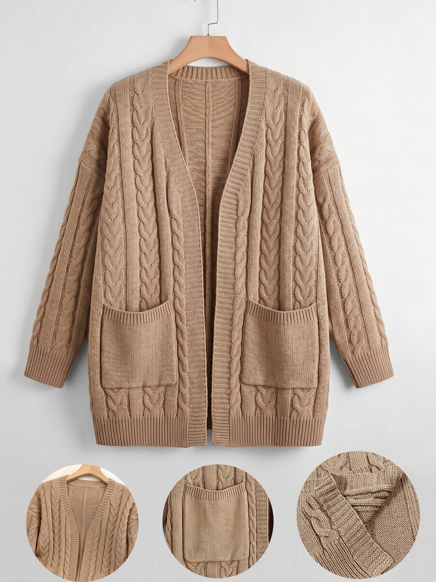 GlowEve CURVE Autumn/Winter Plus Size Loose Ribbed Long Sleeve Cardigan Solid Color Cable Knit Pocket Casual Cardigan - Khaki - View 1