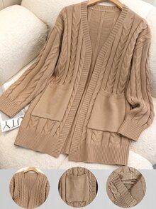 GlowEve CURVE Autumn/Winter Plus Size Loose Ribbed Long Sleeve Cardigan Solid Color Cable Knit Pocket Casual Cardigan - Khaki - View 5