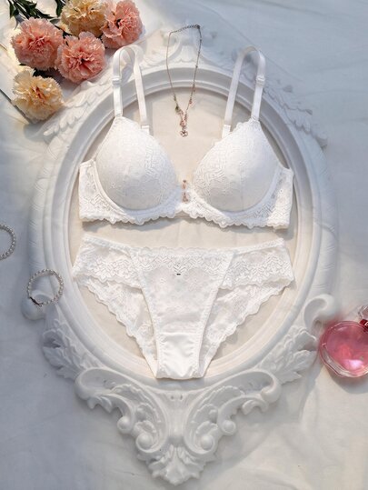 Crystal Vow Set Bra Berkawat Berbantalan Renda 2 Potong untuk Wanita
