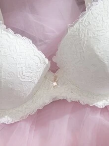 Crystal Vow Set Bra Berkawat Berbantalan Renda 2 Potong untuk Wanita - Putih - View 10
