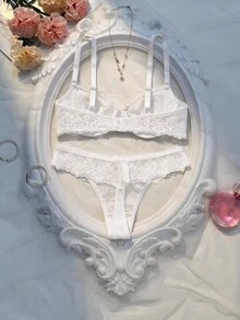 Crystal Vow Set Bra Berkawat Berbantalan Renda 2 Potong untuk Wanita - Putih - View 3