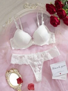 Crystal Vow Set Bra Berkawat Berbantalan Renda 2 Potong untuk Wanita - Putih - View 4