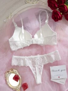 Crystal Vow Set Bra Berkawat Berbantalan Renda 2 Potong untuk Wanita - Putih - View 5
