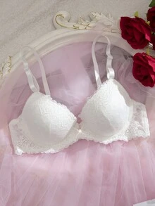 Crystal Vow Set Bra Berkawat Berbantalan Renda 2 Potong untuk Wanita - Putih - View 6