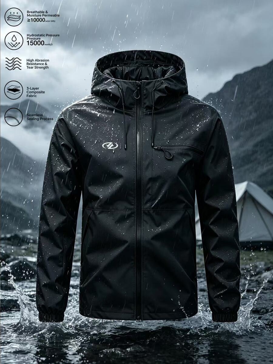 Gym Rark Men's Hooded Softshell Jacket, Lightweight Zipper Hard Shell Coat, Multi-Functional Pockets Outdoor Hiking Camping Windbreaker - Black - View 1
