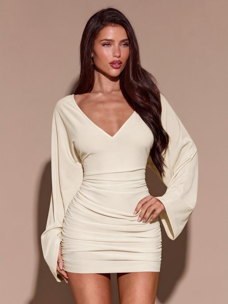 SHEIN BAE Autumn/Winter Solid Color Sexy Deep V-Neck Backless Long Sleeve Fitted Ruched Knit Mini Dress For Women - Khaki - View 8