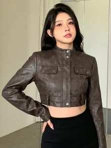 Joudiya 秋季咖啡棕寬鬆休閒街頭風 Grunge 龐克搖滾時尚短版 PU 皮夾克，輕量戶外長袖女款，適合夜生活穿搭 - 棕色 - 查看 3