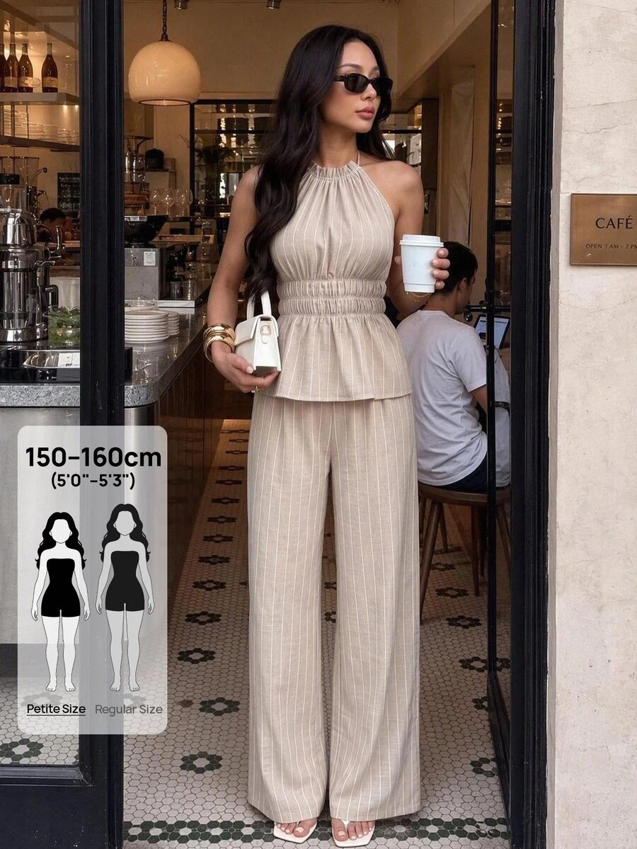 SHEIN PETITE Setelan Tank Top dan Celana Linen Khaki Wanita Musim Panas, Setelan Linen Longgar - Khaki - View 1