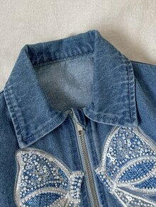 Young Girl Embroidery Mesh Beaded Sequin Bow Pattern Zip Up Denim Jacket - Medium Wash - View 6