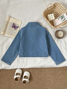 Young Girl Embroidery Mesh Beaded Sequin Bow Pattern Zip Up Denim Jacket - Medium Wash - View 2