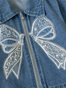 Young Girl Embroidery Mesh Beaded Sequin Bow Pattern Zip Up Denim Jacket - Medium Wash - View 4