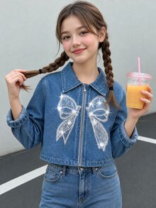 Young Girl Embroidery Mesh Beaded Sequin Bow Pattern Zip Up Denim Jacket - Medium Wash - View 3