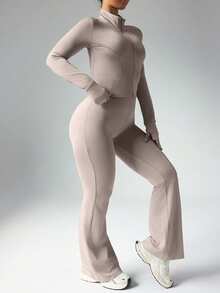 Rhythm Era 2 件套女士加大码休闲前拉链连帽夹克和高腰喇叭裤，拇指孔设计健身女士套装 - 粉色 - 查看 5