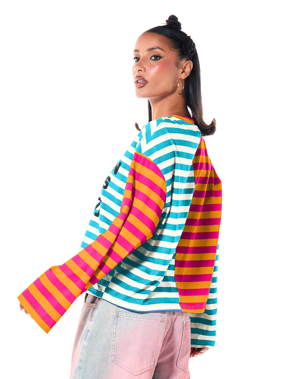 Sports Oversized Striped Long Sleeve Crop Top With Japanese Script Graphic Print And Bell Sleeves Color Block Panel