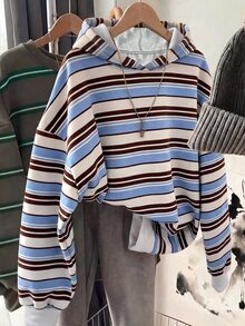 SHEIN 青少年女孩白色條紋落肩長袖休閒街頭風運動衫，適合六年級學校、秋季、萬聖節、Y2K、度假/復古/聖誕節 - 彩色 - 查看 2