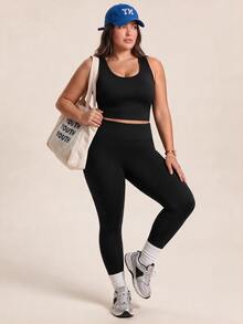 SHEIN Rhythm Era Women's Plus Size Solid Color Cropped Top And High Waist Leggings Casual Daily Sports Set - Black - View 7