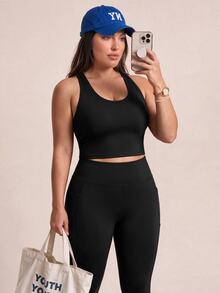 SHEIN Rhythm Era Women's Plus Size Solid Color Cropped Top And High Waist Leggings Casual Daily Sports Set - Black - View 2