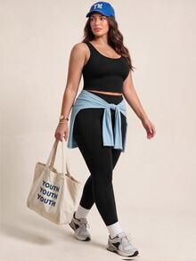 SHEIN Rhythm Era Women's Plus Size Solid Color Cropped Top And High Waist Leggings Casual Daily Sports Set - Black - View 4