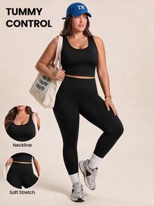 SHEIN Rhythm Era Women's Plus Size Solid Color Cropped Top And High Waist Leggings Casual Daily Sports Set - Black - View 1
