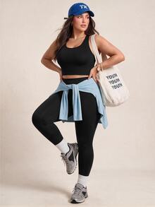 SHEIN Rhythm Era Women's Plus Size Solid Color Cropped Top And High Waist Leggings Casual Daily Sports Set - Black - View 3