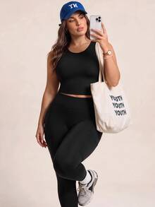SHEIN Rhythm Era Women's Plus Size Solid Color Cropped Top And High Waist Leggings Casual Daily Sports Set - Black - View 6
